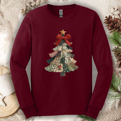Faux Patchwork Country Christmas Tree Long Sleeve Tee