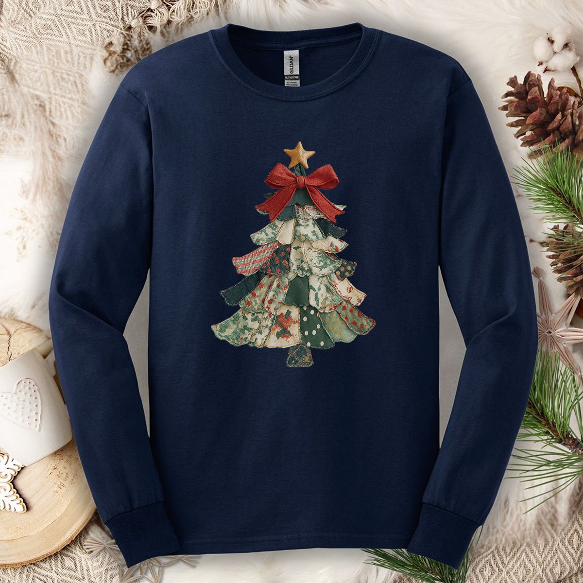 Faux Patchwork Country Christmas Tree Long Sleeve Tee