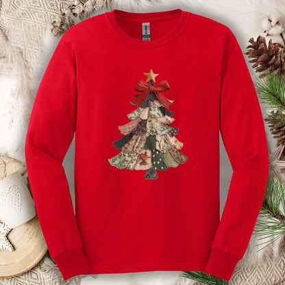 Faux Patchwork Country Christmas Tree Long Sleeve Tee