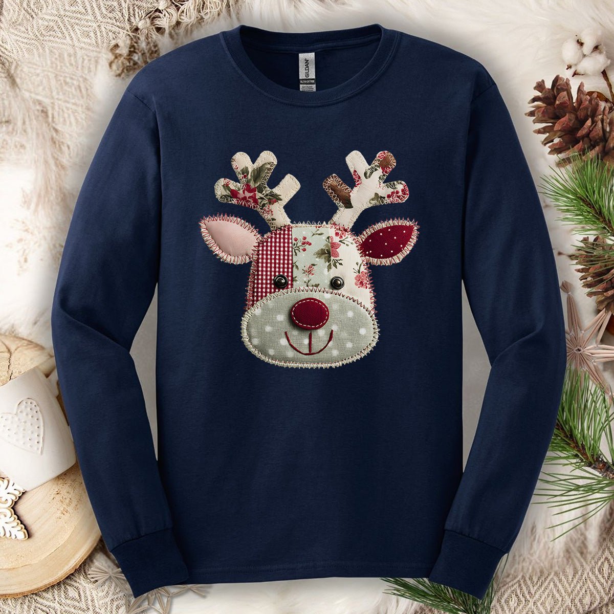 Faux Patchwork Country Reindeer Long Sleeve Tee