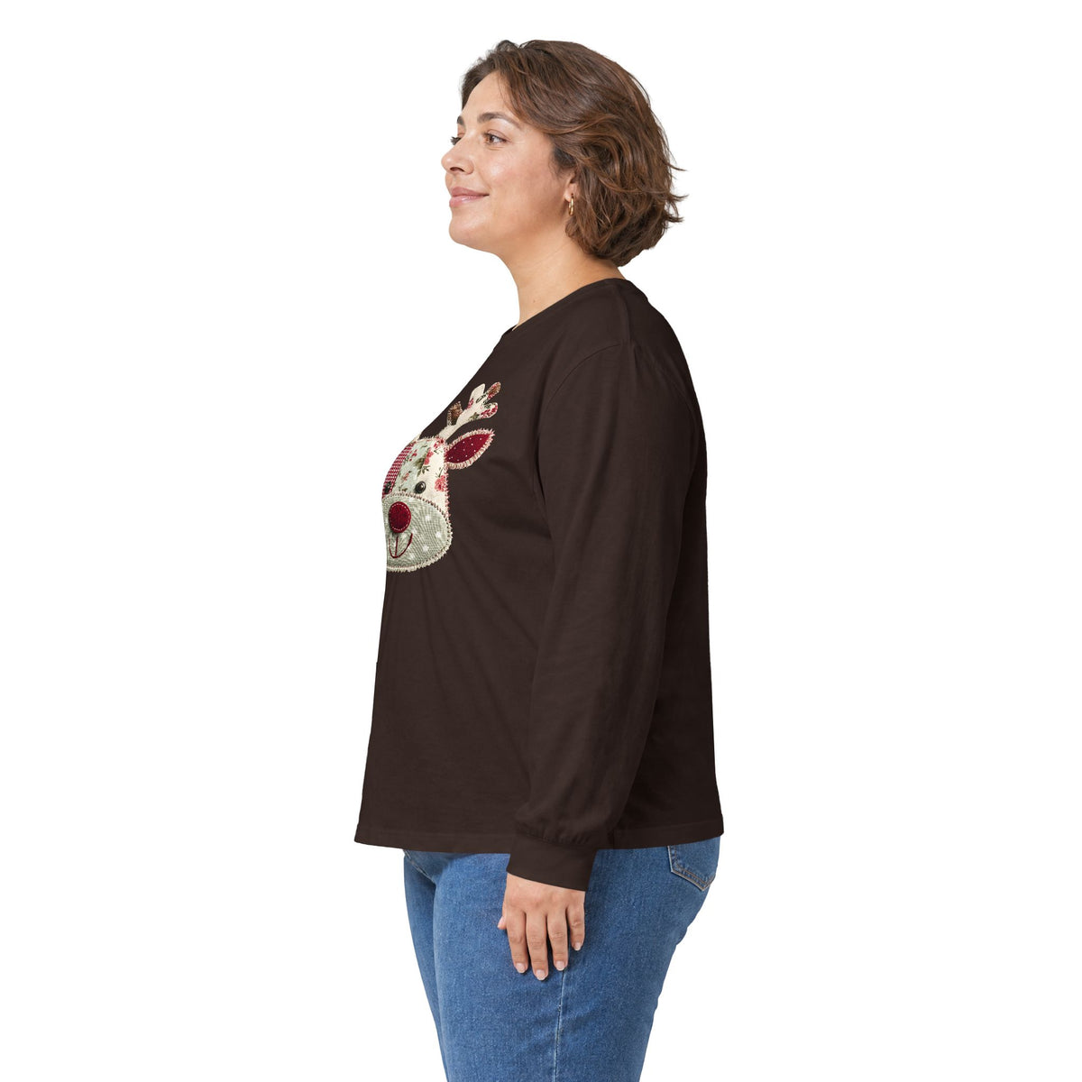 Faux Patchwork Country Reindeer Long Sleeve Tee
