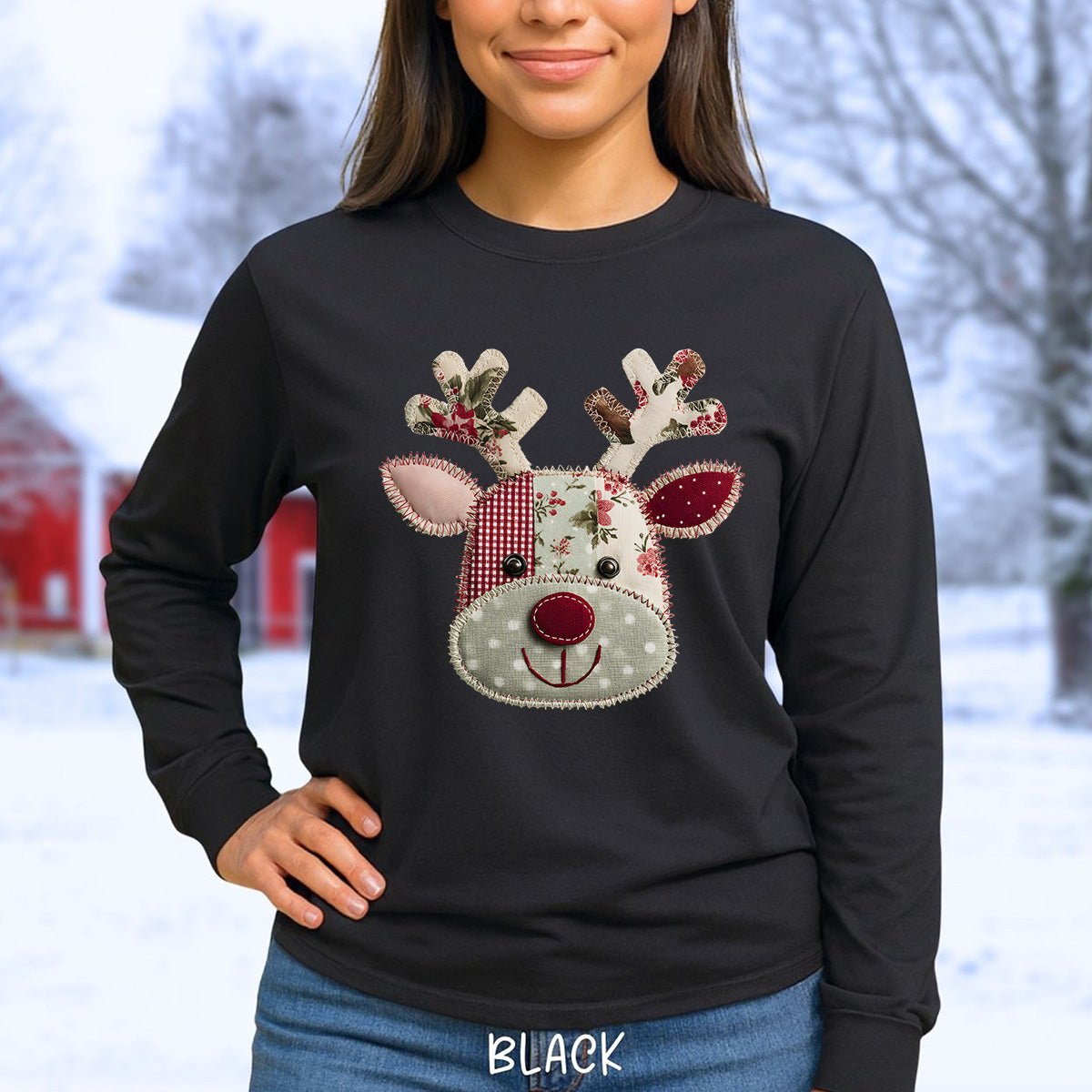 Faux Patchwork Country Reindeer Long Sleeve Tee