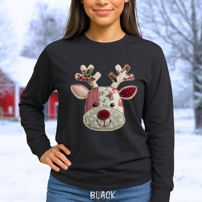 Faux Patchwork Country Reindeer Long Sleeve Tee