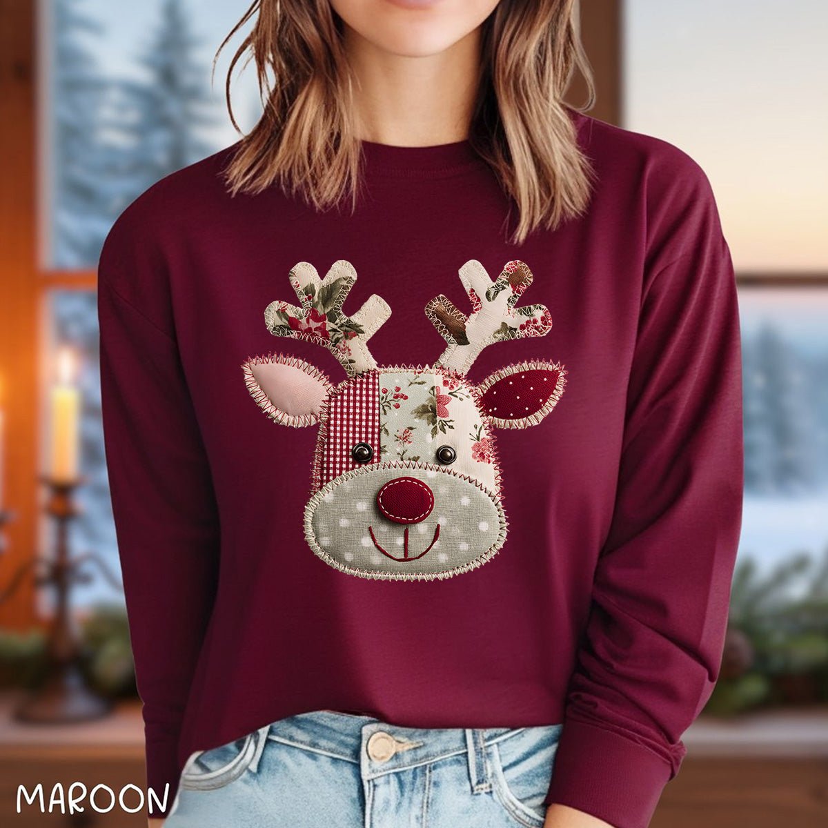 Faux Patchwork Country Reindeer Long Sleeve Tee