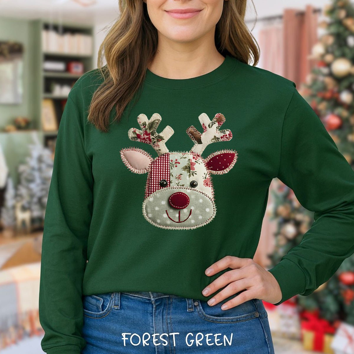 Faux Patchwork Country Reindeer Long Sleeve Tee