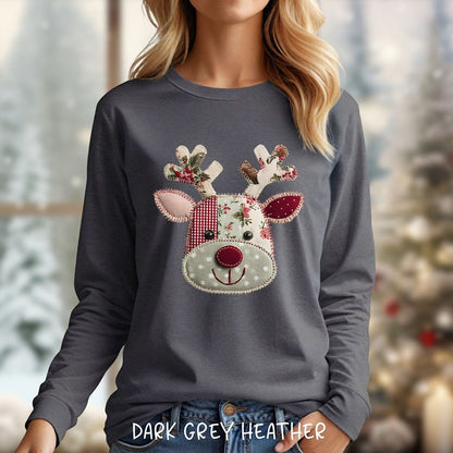 Faux Patchwork Country Reindeer Long Sleeve Tee