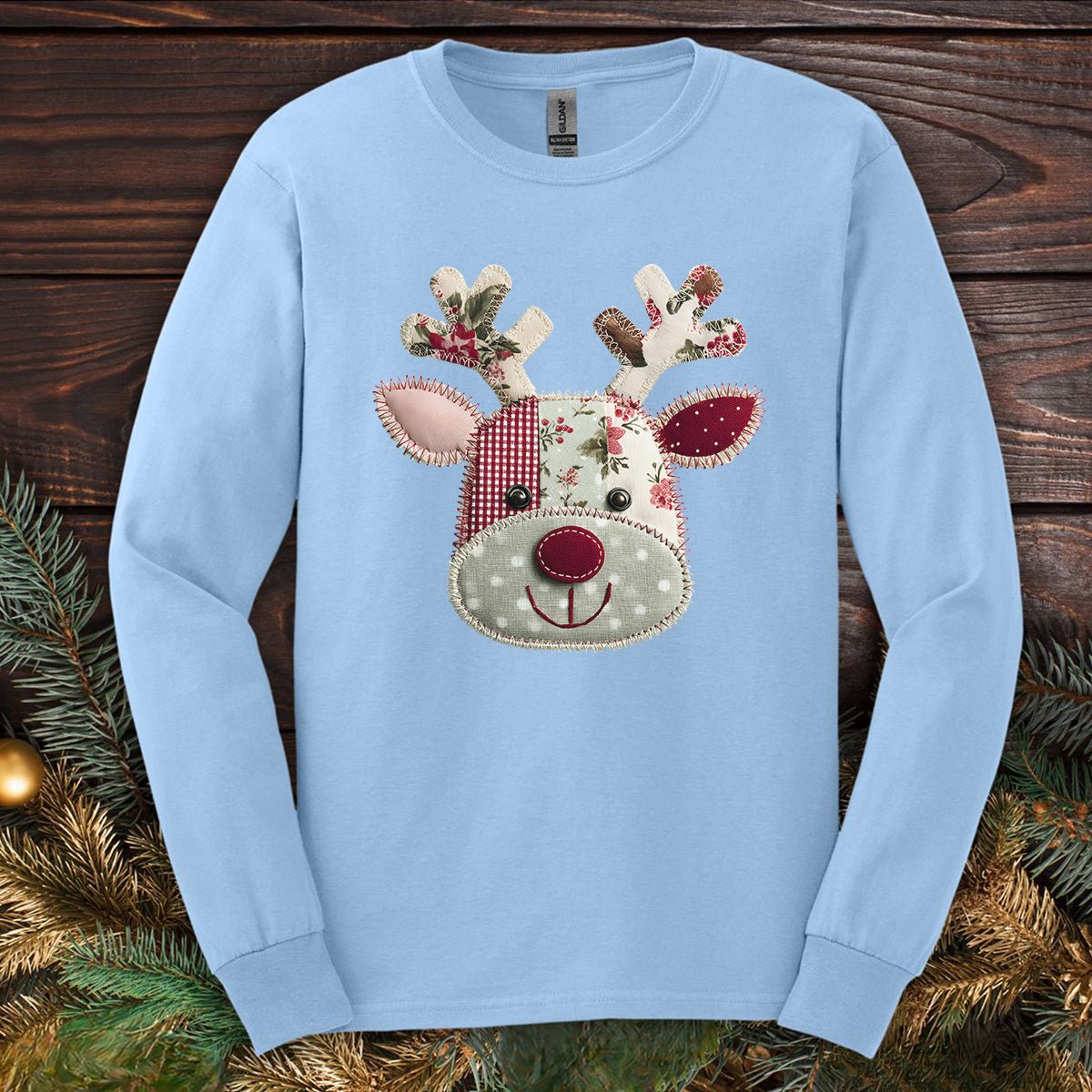 Faux Patchwork Country Reindeer Long Sleeve Tee