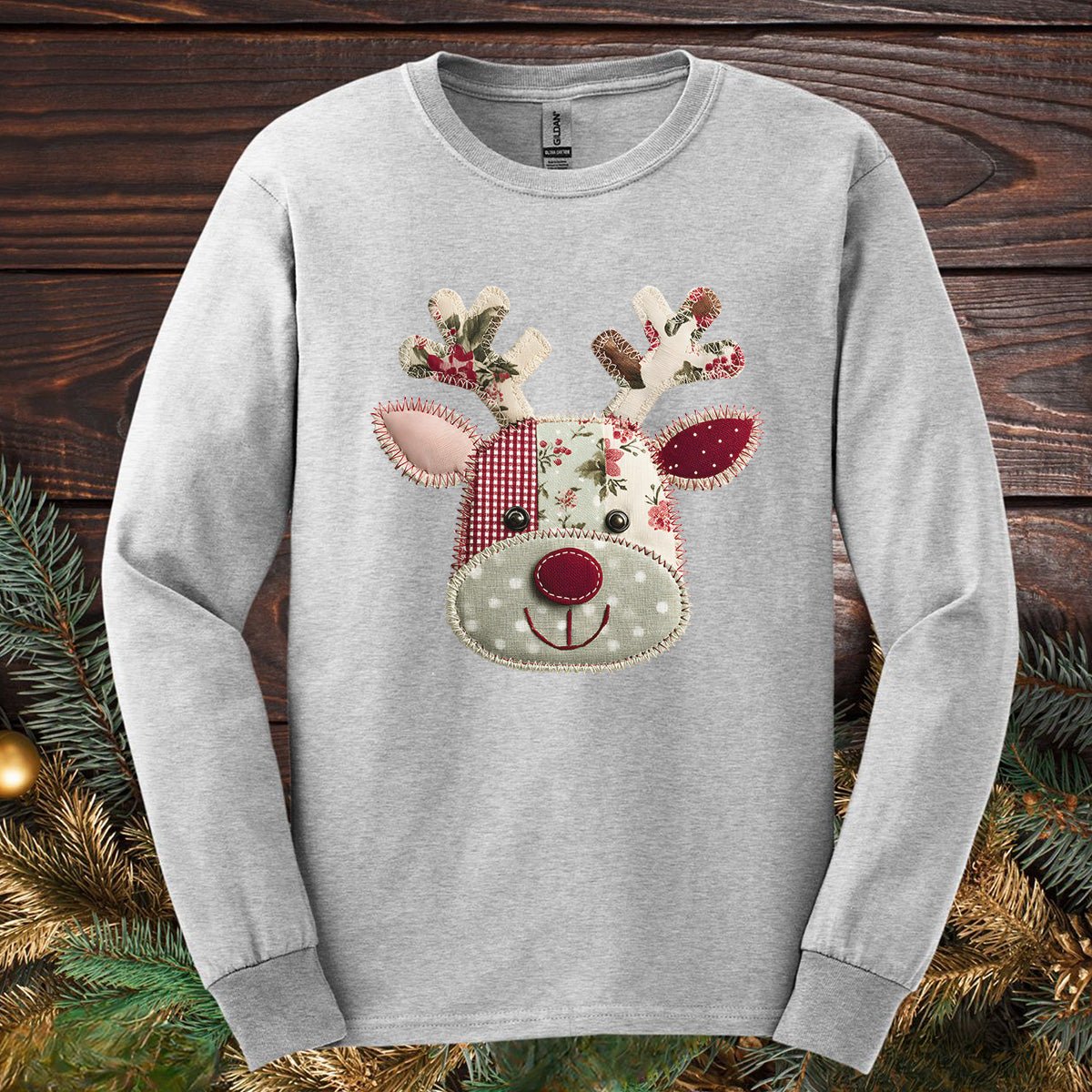 Faux Patchwork Country Reindeer Long Sleeve Tee