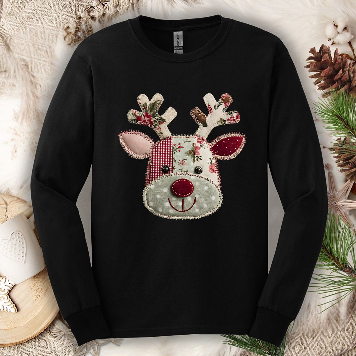 Faux Patchwork Country Reindeer Long Sleeve Tee