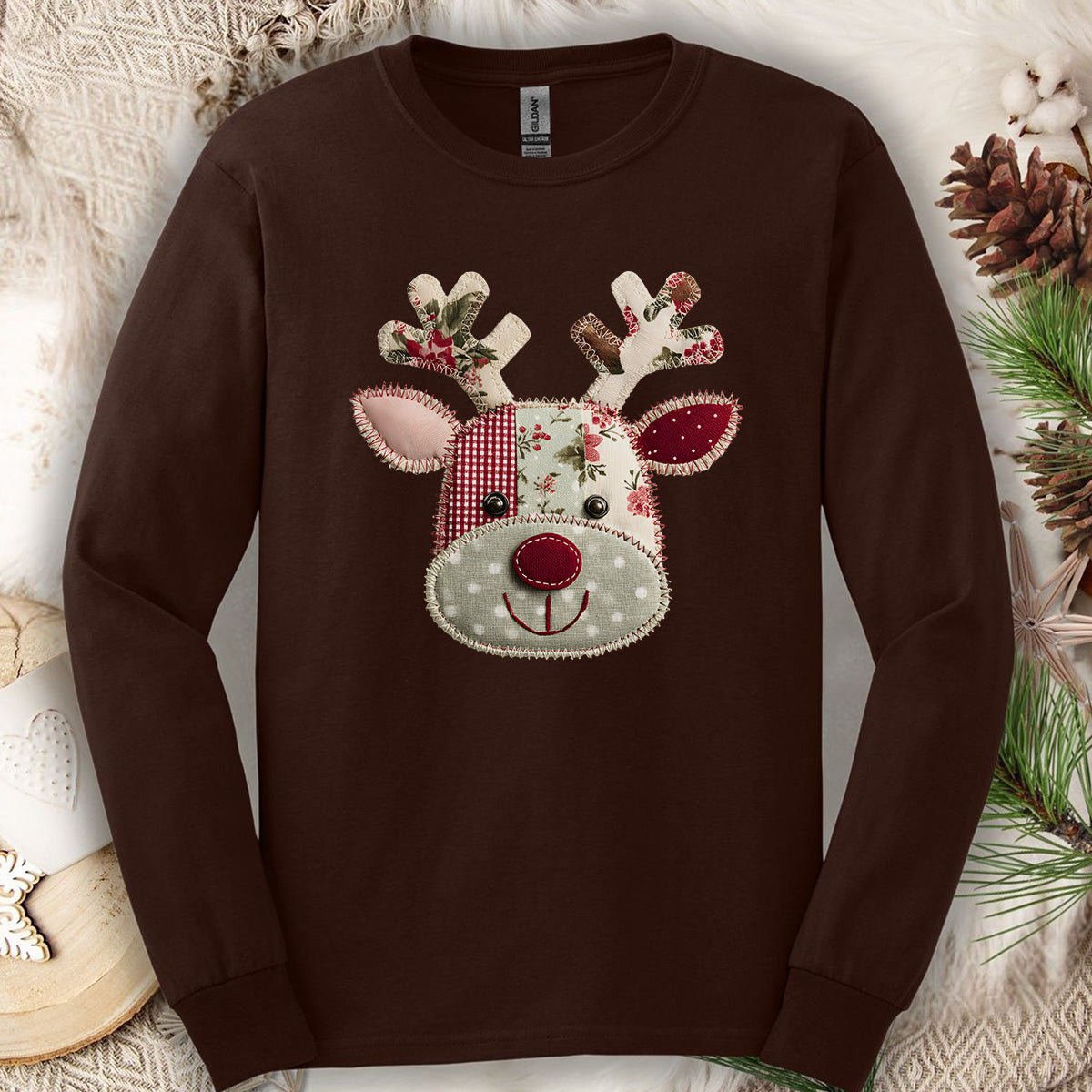 Faux Patchwork Country Reindeer Long Sleeve Tee