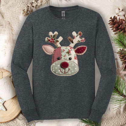 Faux Patchwork Country Reindeer Long Sleeve Tee