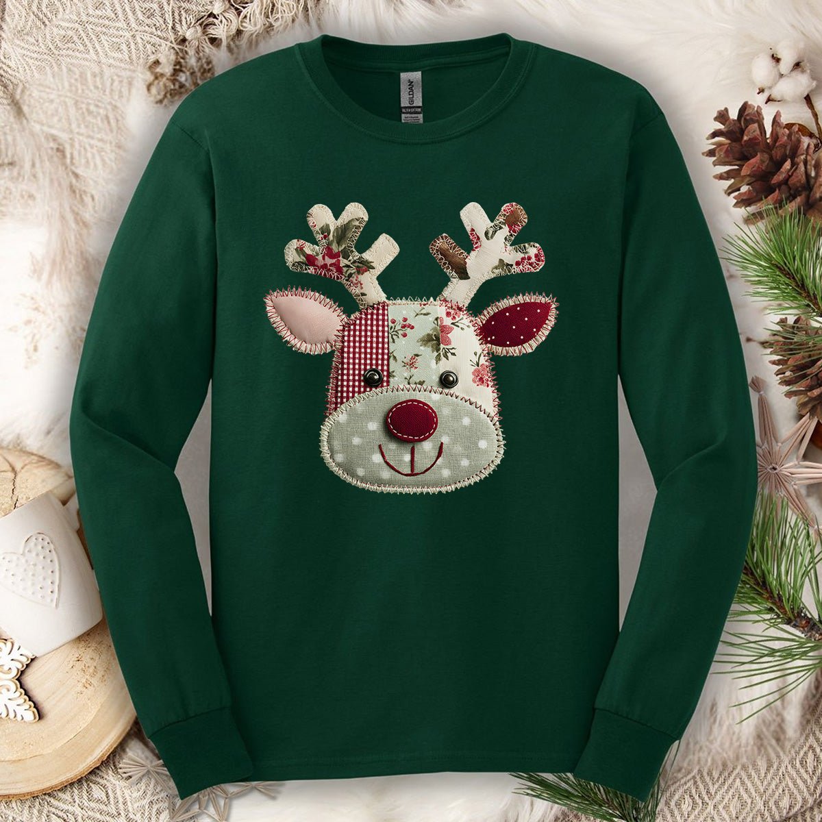 Faux Patchwork Country Reindeer Long Sleeve Tee