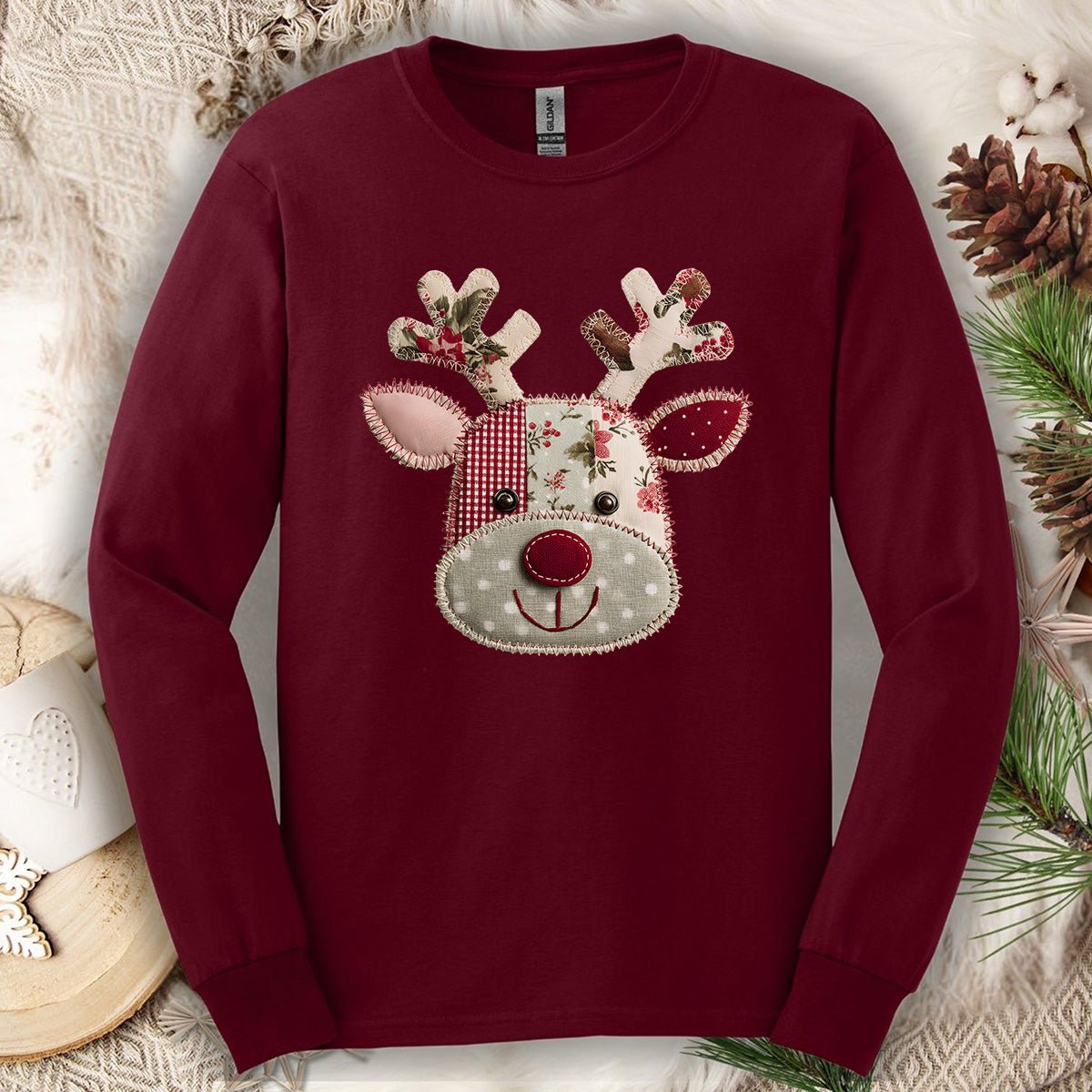 Faux Patchwork Country Reindeer Long Sleeve Tee