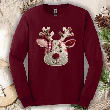Faux Patchwork Country Reindeer Long Sleeve Tee
