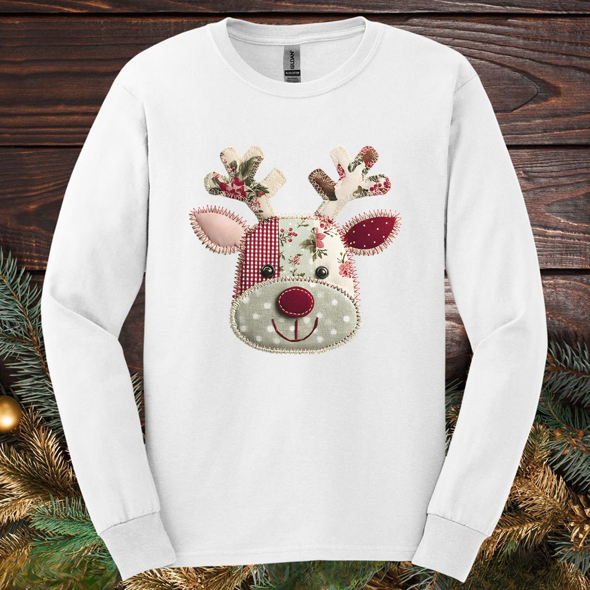 Faux Patchwork Country Reindeer Long Sleeve Tee