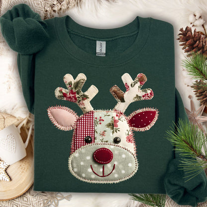Forest Green Gildan sweatshirt with a patchwork Rudolph face, featuring gingham, polka dot, and floral fabrics.