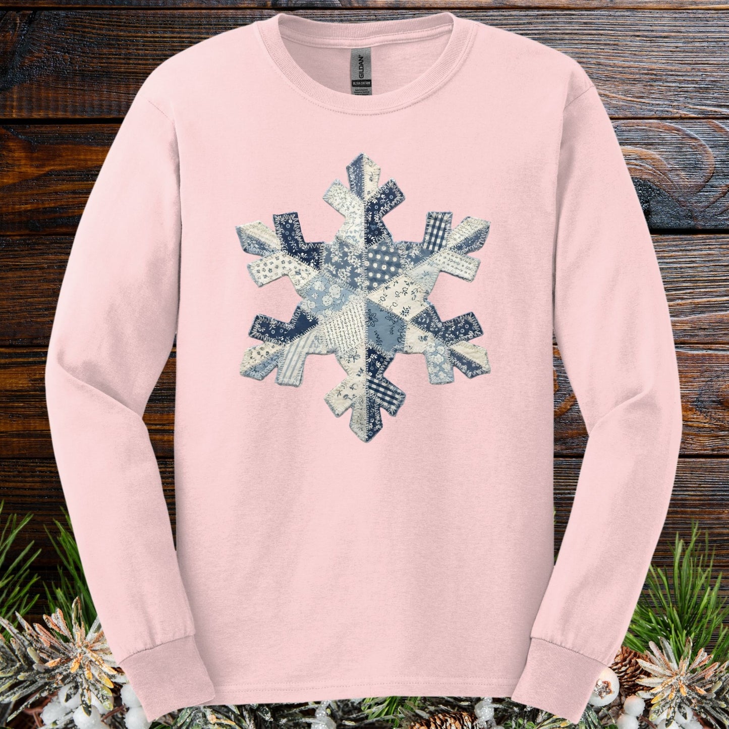 Faux Patchwork Country Snowflake Long Sleeve Tee