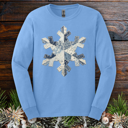 Carolina Blue long sleeve tee with a faux patchwork blue and white country snowflake design.