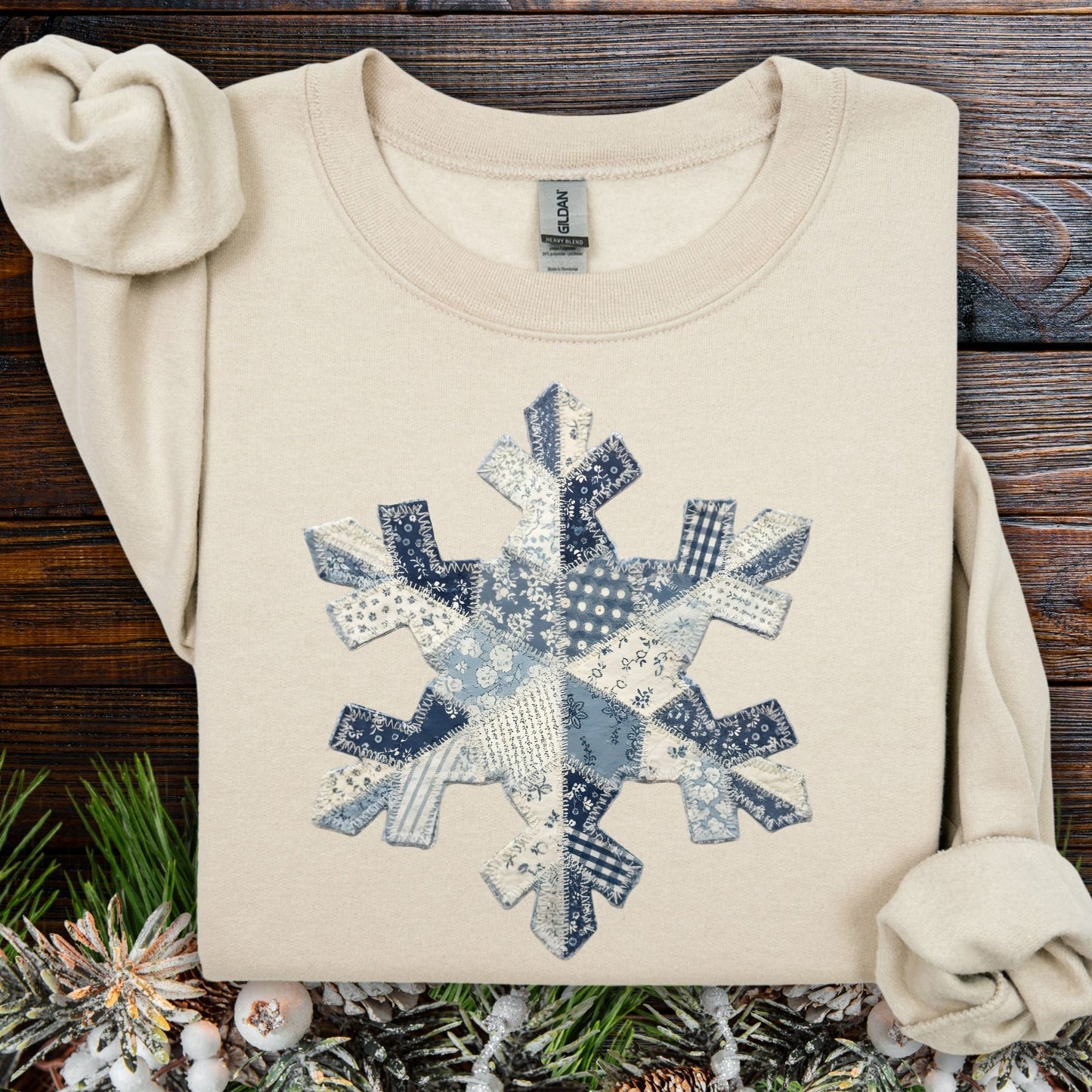 Sand Faux Patchwork Country Snowflake Sweatshirt, soft cotton-poly blend, classic fit.