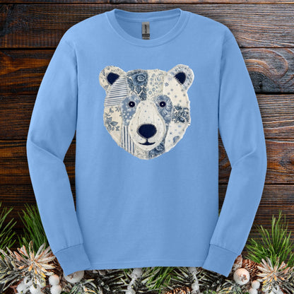 Carolina Blue long sleeve tee with a faux patchwork winter bear face design.