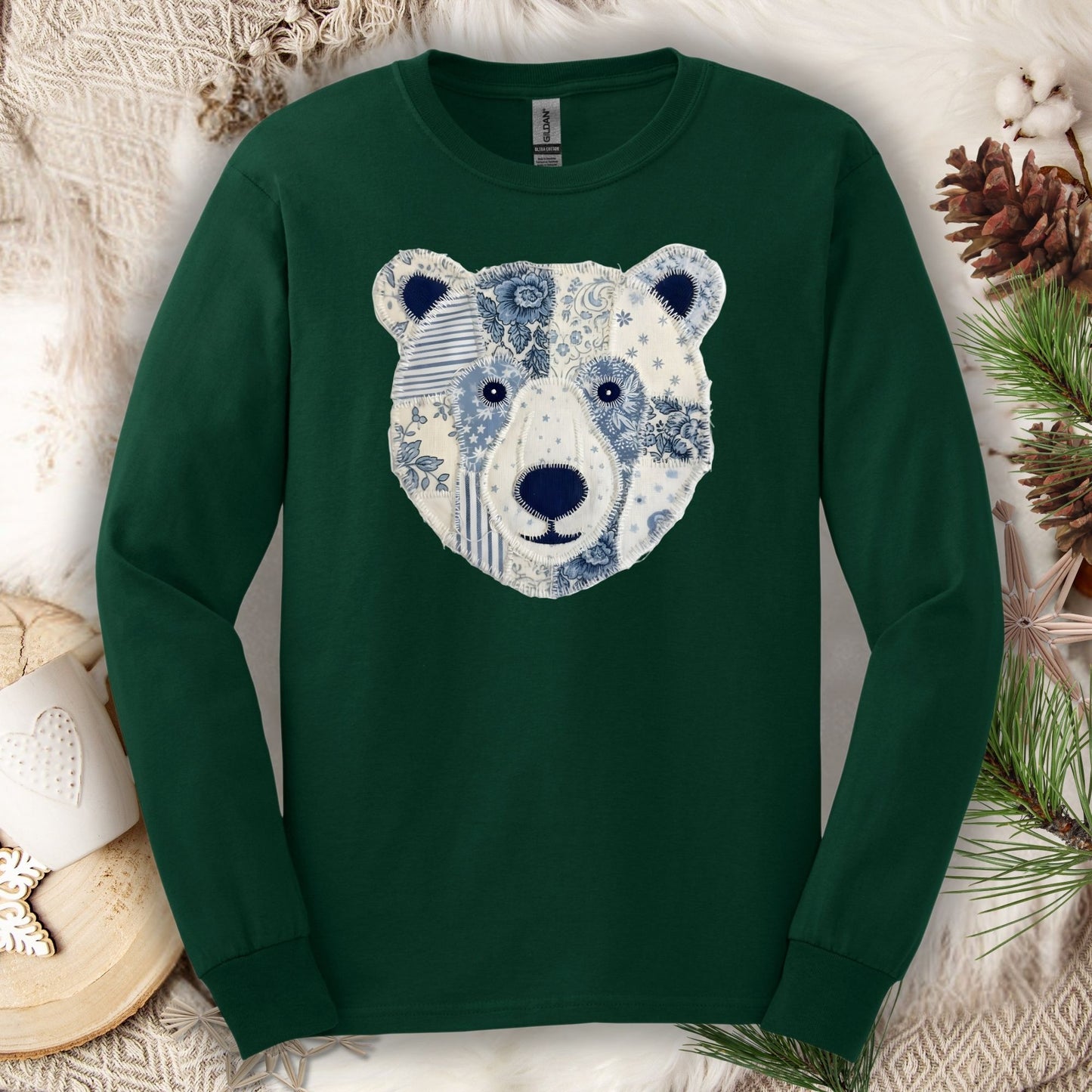 Forest Green S long sleeve tee with a faux patchwork country winter bear face design.
