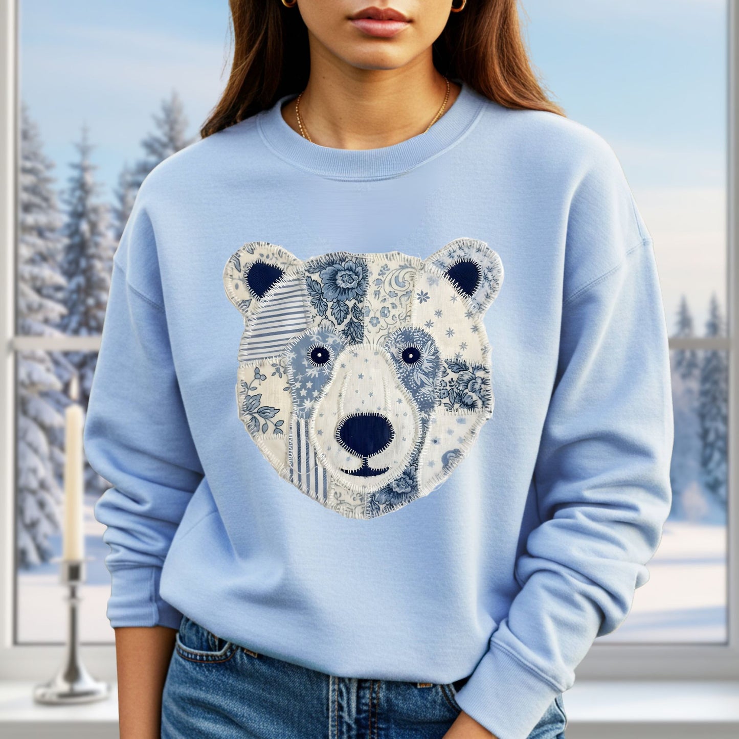 Faux Patchwork Country Winter Bear Sweatshirt