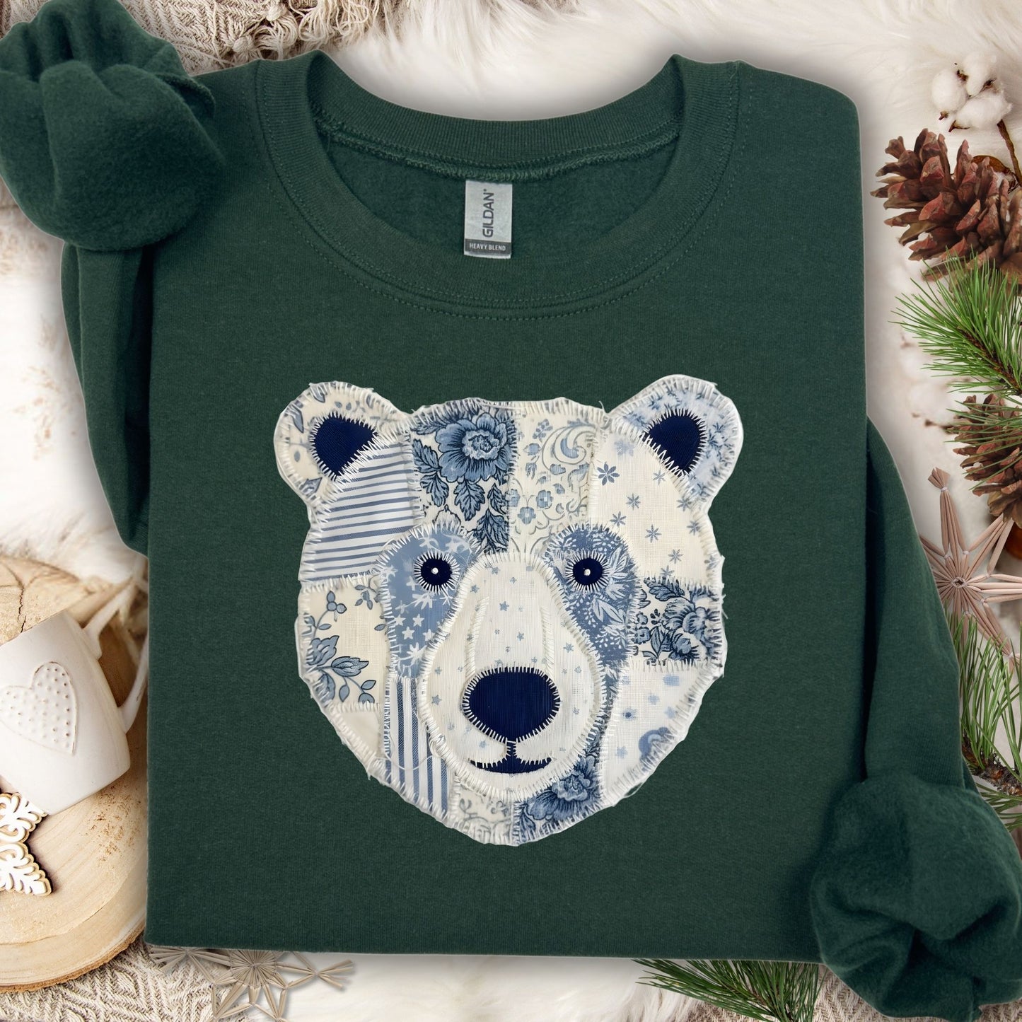 Forest Green sweatshirt with a faux patchwork blue and white country bear design.