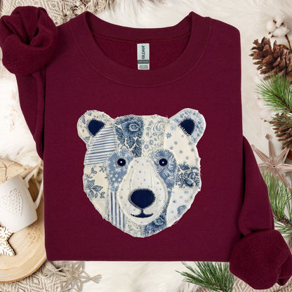 Maroon Faux Patchwork Country Winter Bear Sweatshirt with blue and white floral design.
