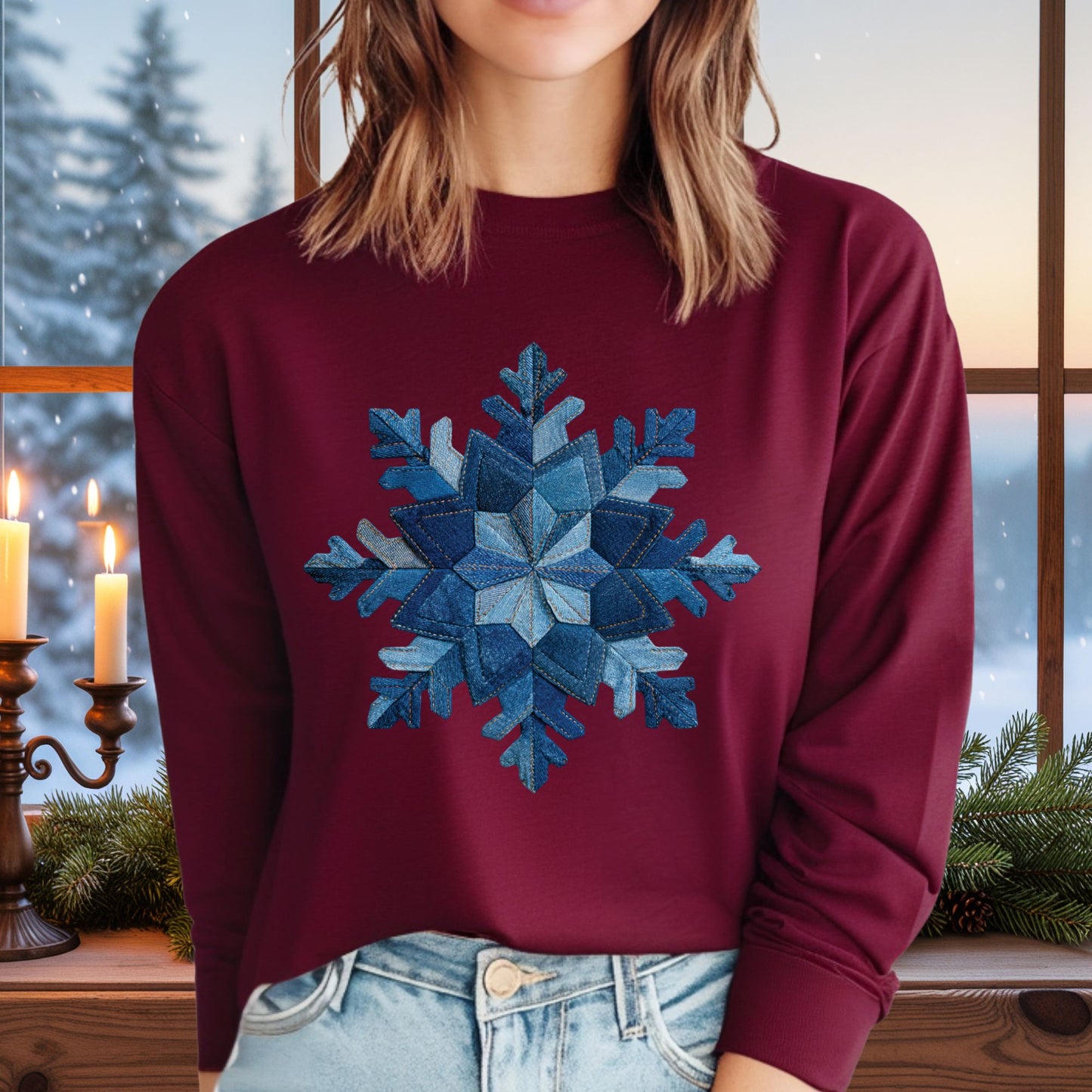 Faux Patchwork Denim Snowflake Long Sleeve Tee