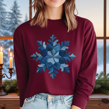 Faux Patchwork Denim Snowflake Long Sleeve Tee