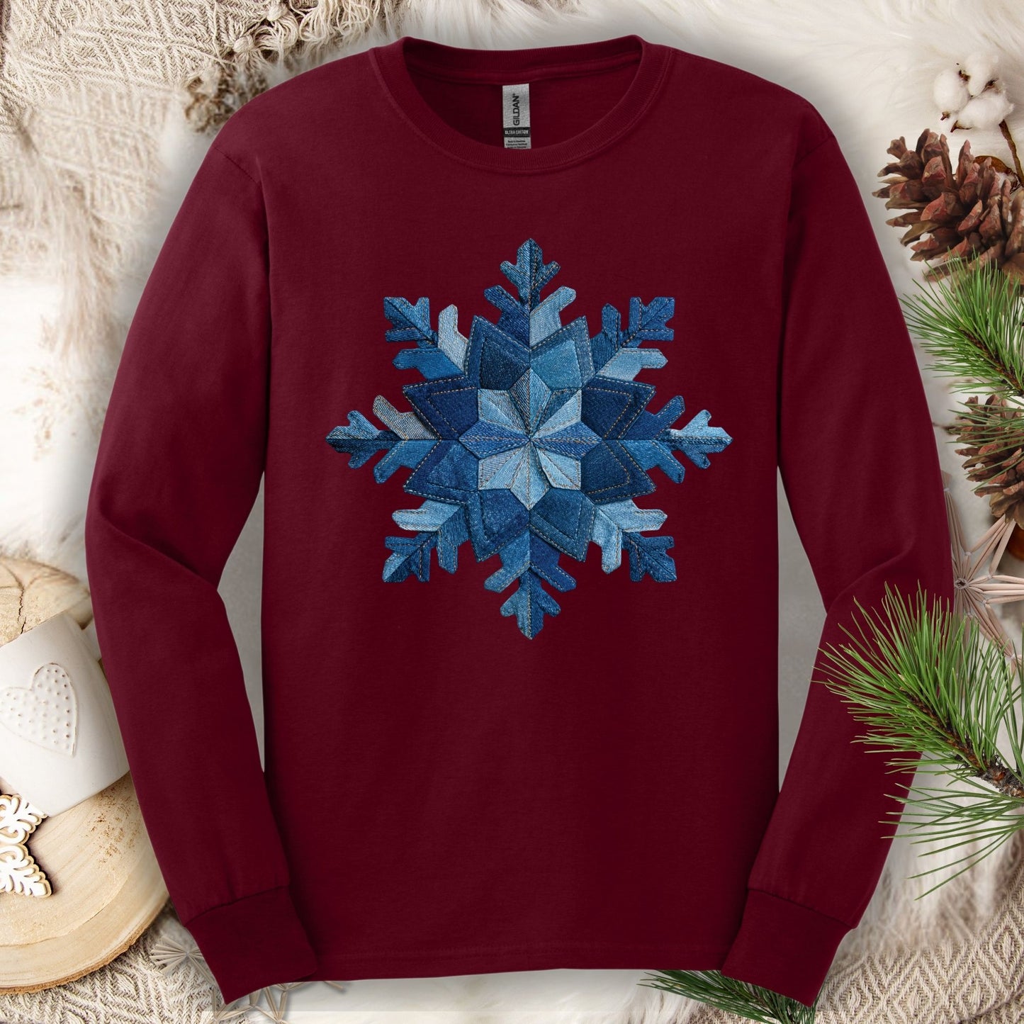 Faux Patchwork Denim Snowflake Long Sleeve Tee