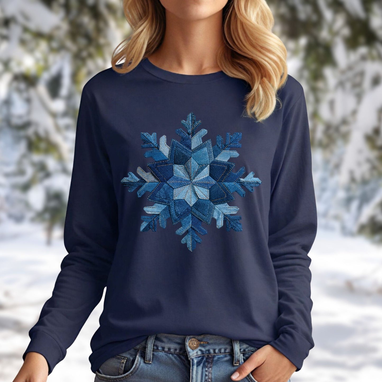 Faux Patchwork Denim Snowflake Long Sleeve Tee