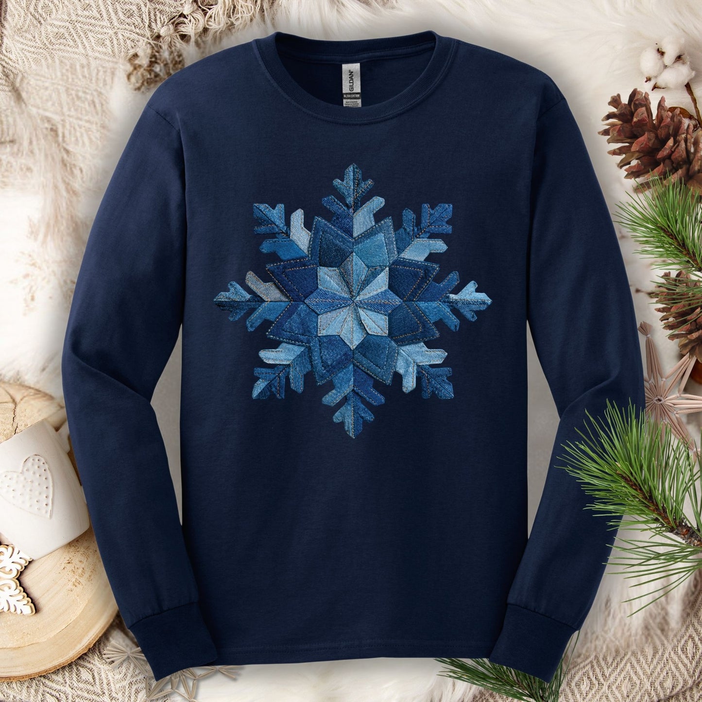 Faux Patchwork Denim Snowflake Long Sleeve Tee