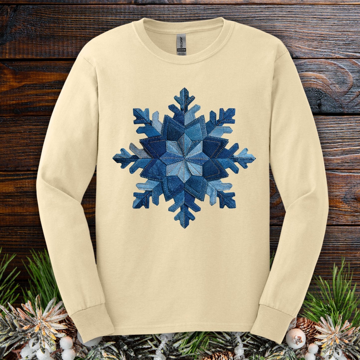Faux Patchwork Denim Snowflake Long Sleeve Tee