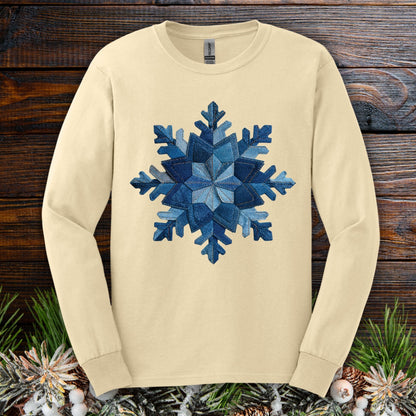 Faux Patchwork Denim Snowflake Long Sleeve Tee