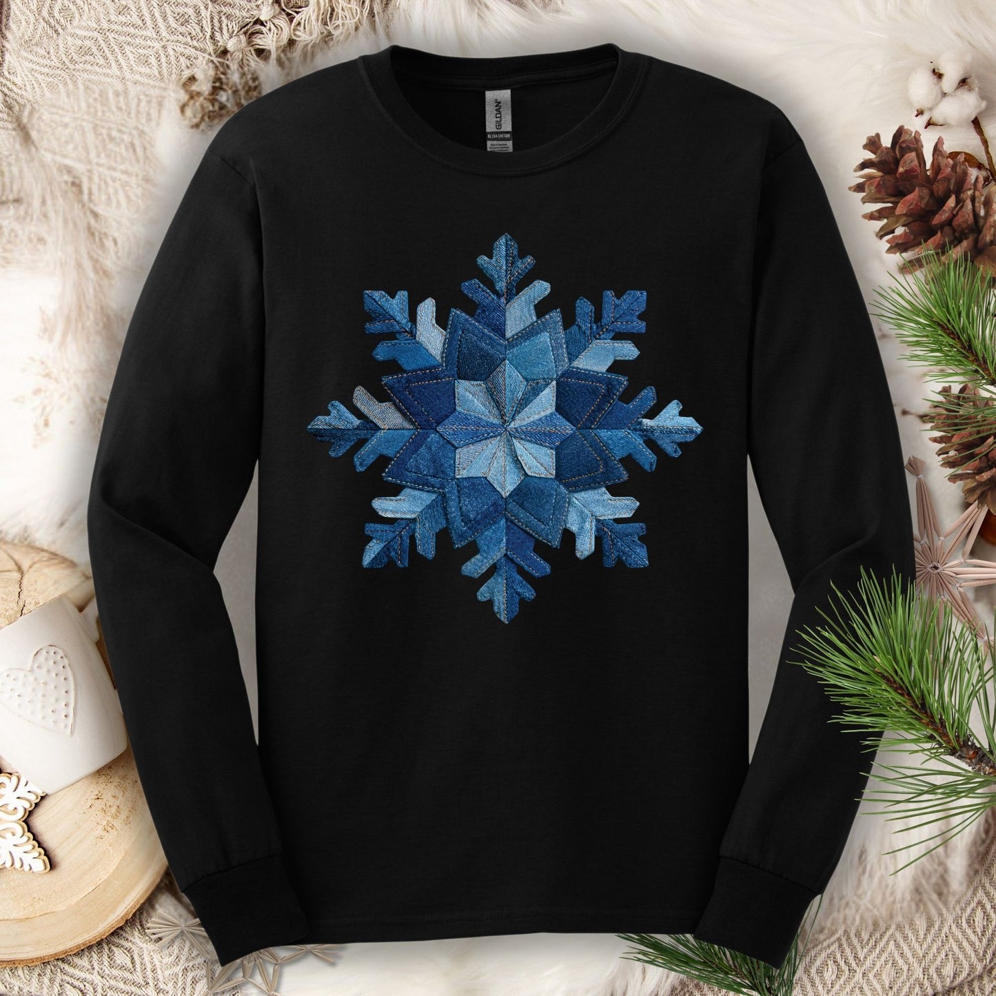 Faux Patchwork Denim Snowflake Long Sleeve Tee