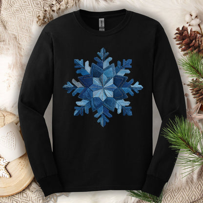Faux Patchwork Denim Snowflake Long Sleeve Tee