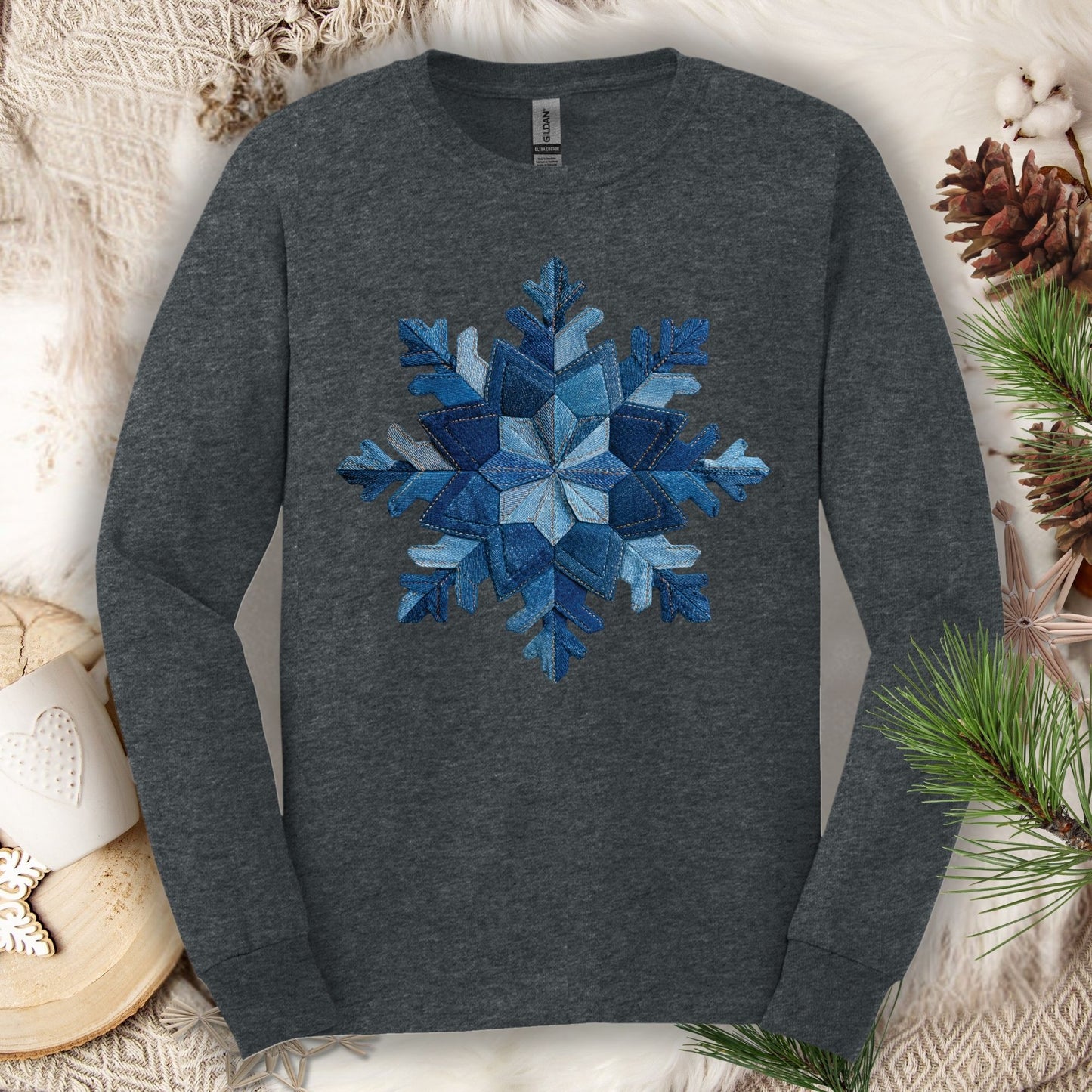 Faux Patchwork Denim Snowflake Long Sleeve Tee