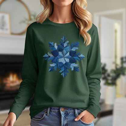 Faux Patchwork Denim Snowflake Long Sleeve Tee