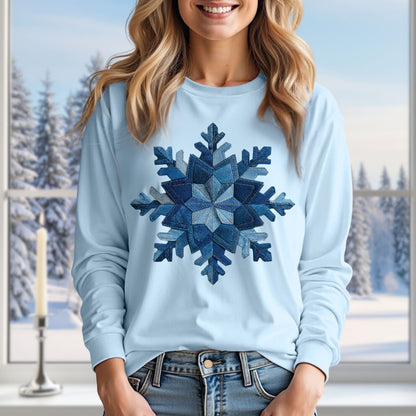 Faux Patchwork Denim Snowflake Long Sleeve Tee