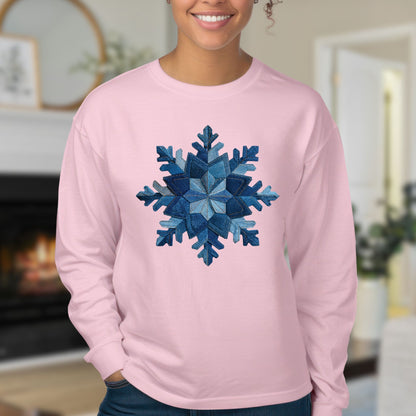Faux Patchwork Denim Snowflake Long Sleeve Tee