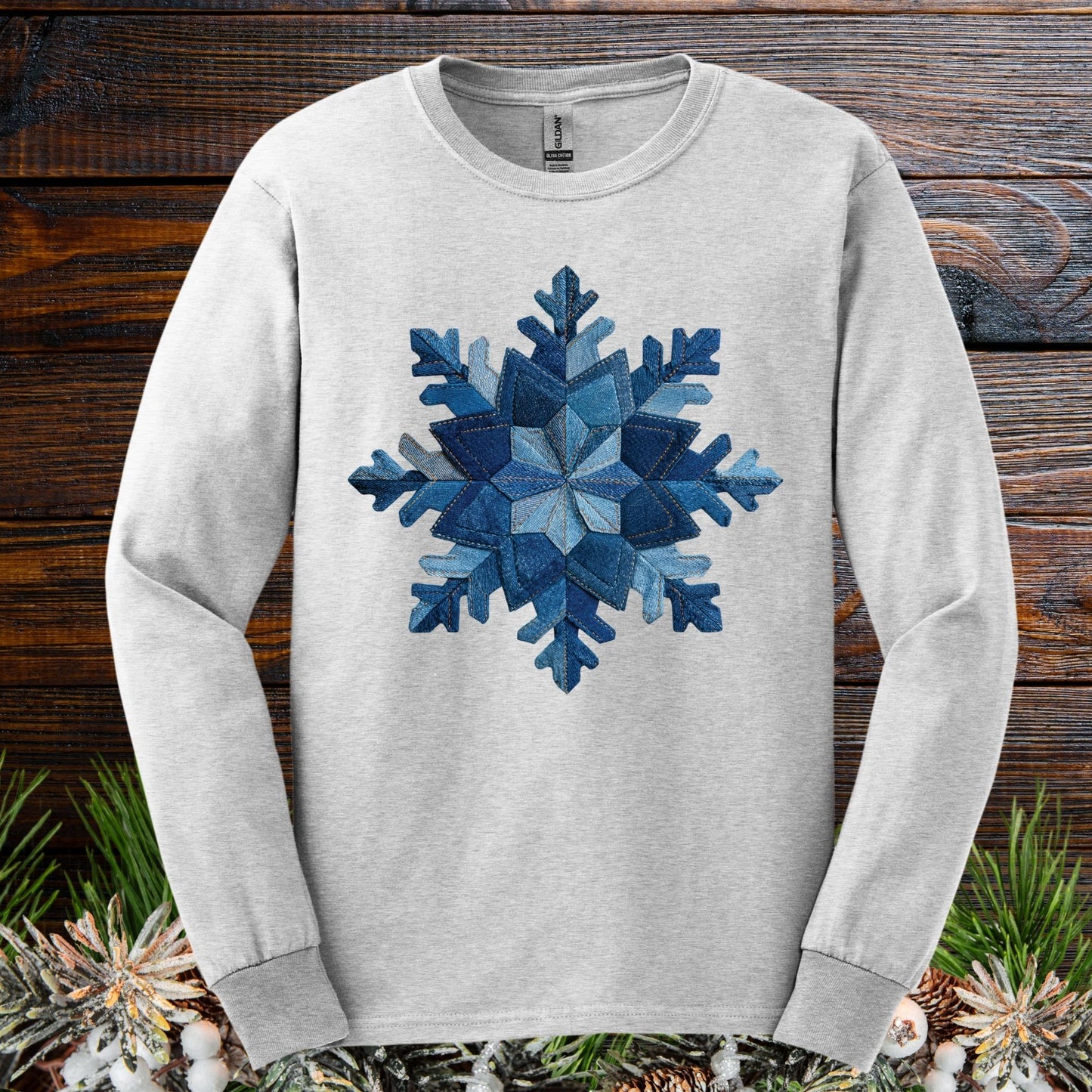 Ash S long sleeve tee with a faux patchwork denim snowflake design.