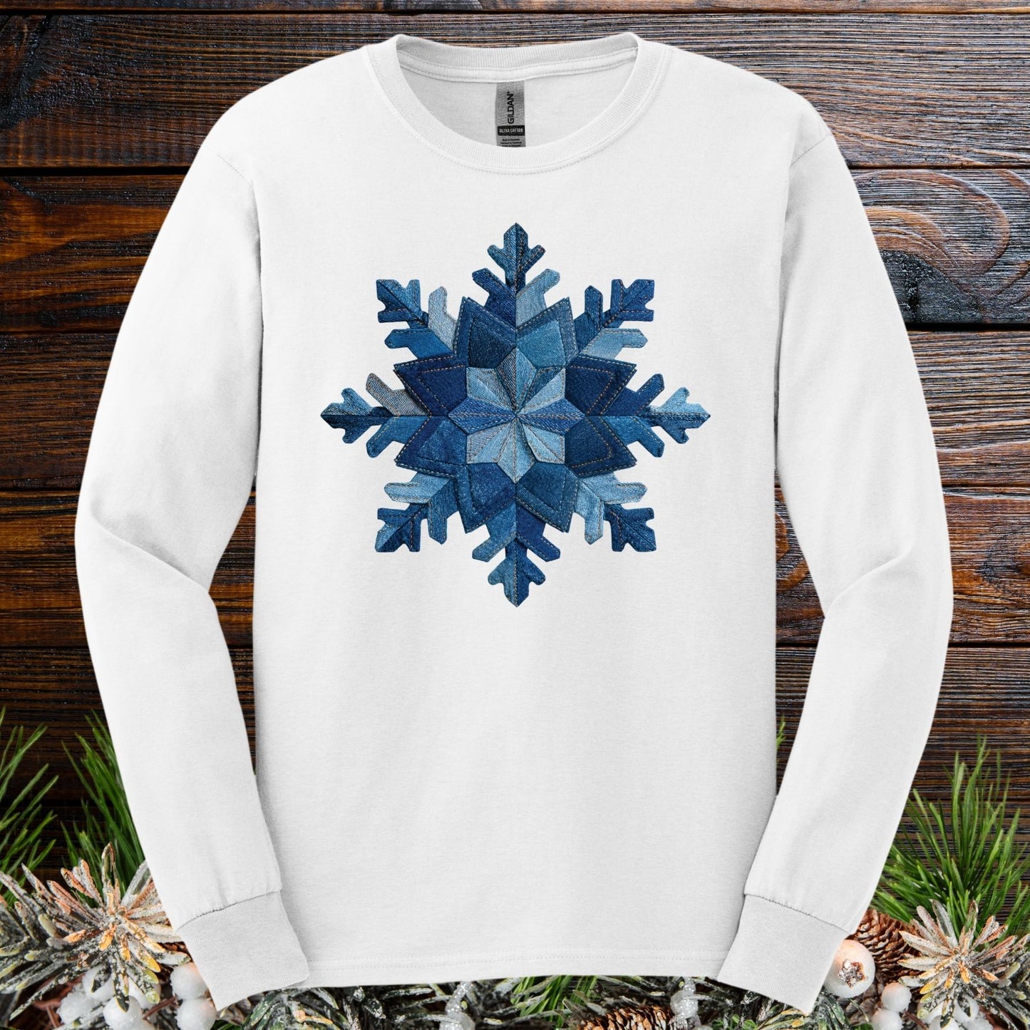 Faux Patchwork Denim Snowflake Long Sleeve Tee
