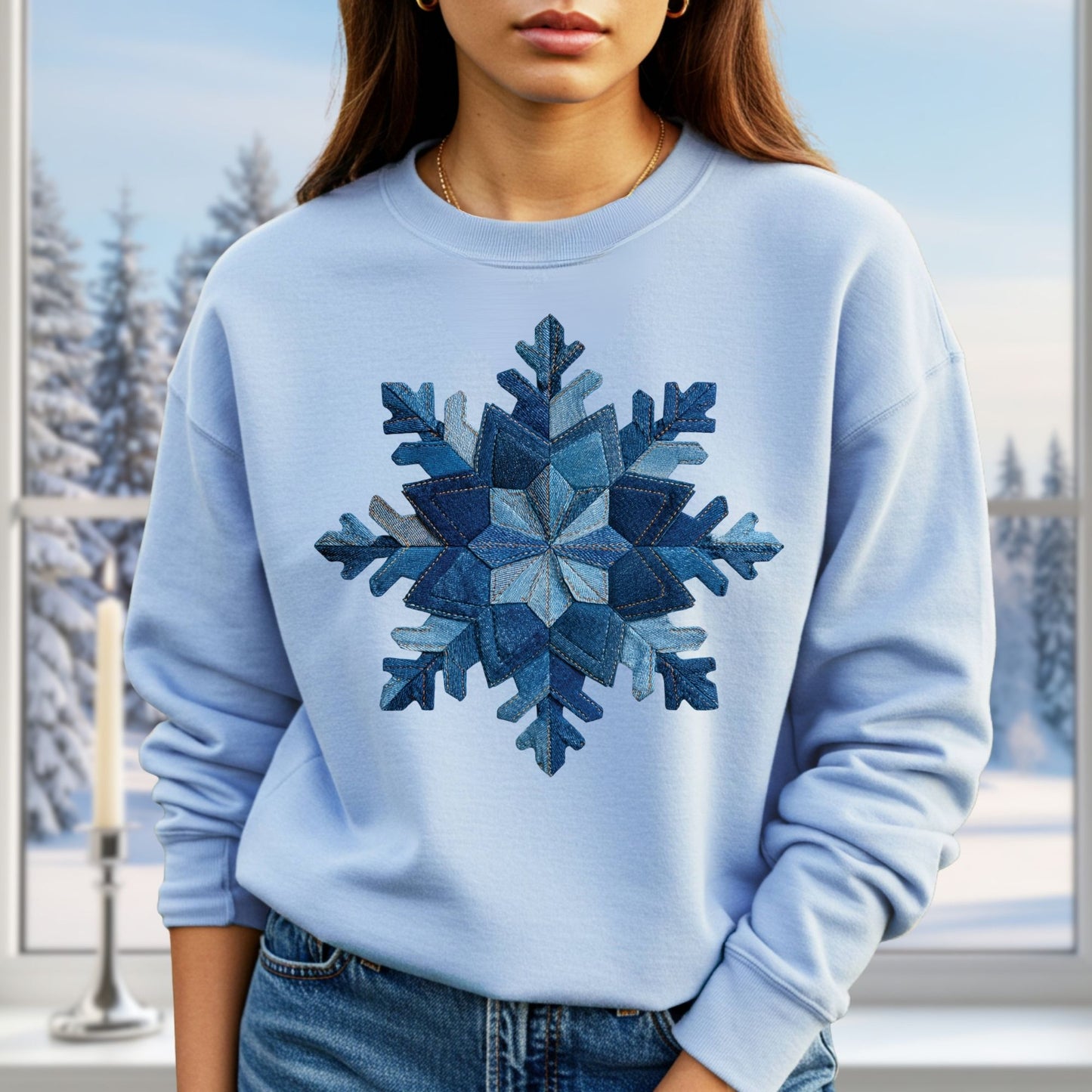 Faux Patchwork Denim Snowflake Sweatshirt