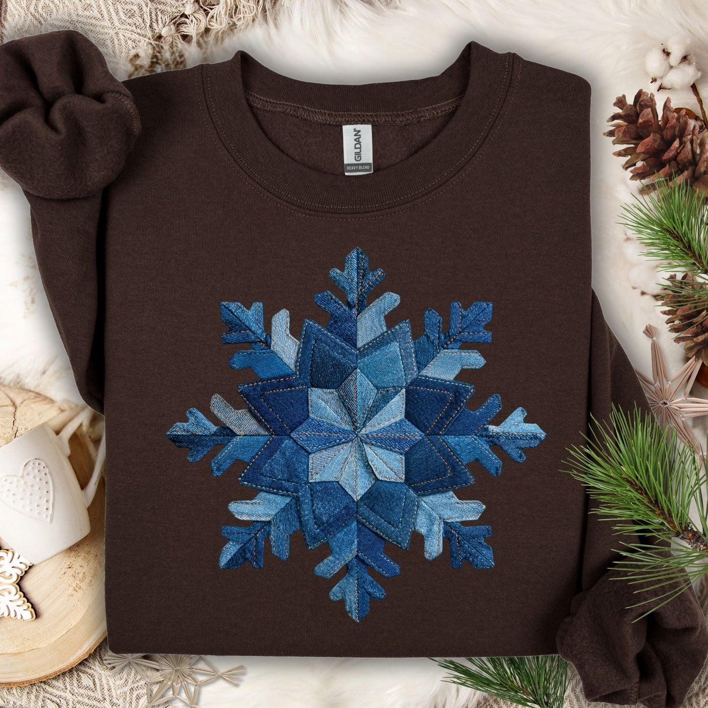 Faux Patchwork Denim Snowflake Sweatshirt
