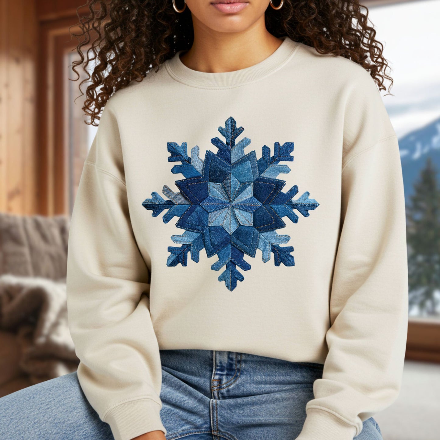 Faux Patchwork Denim Snowflake Sweatshirt