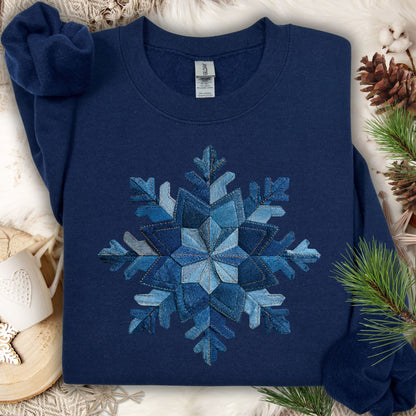 Faux Patchwork Denim Snowflake Sweatshirt