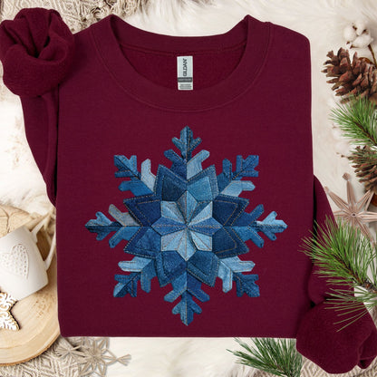 Faux Patchwork Denim Snowflake Sweatshirt