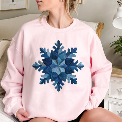 Faux Patchwork Denim Snowflake Sweatshirt