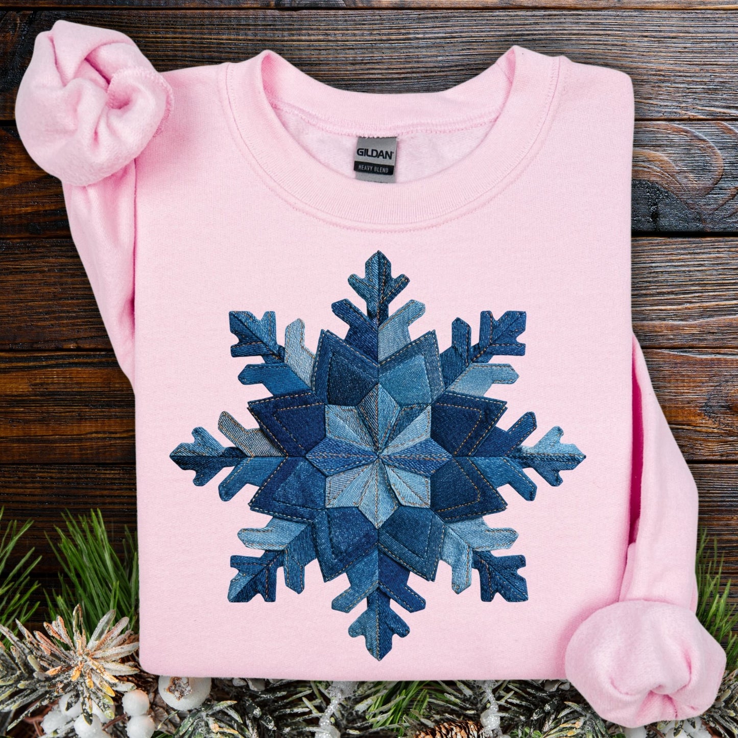 Light pink faux patchwork denim snowflake sweatshirt, heavy blend, classic fit, S.